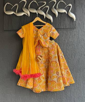 Mustard yellow embroidered cotton silk lehenga set 1