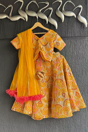Mustard yellow embroidered cotton silk lehenga set