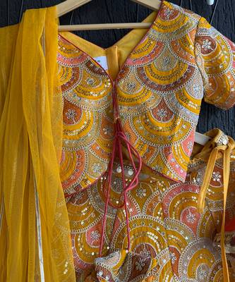 Mustard yellow embroidered cotton silk lehenga set 2