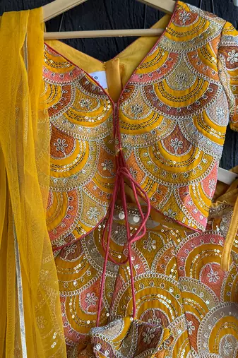 Mustard yellow embroidered cotton silk lehenga set