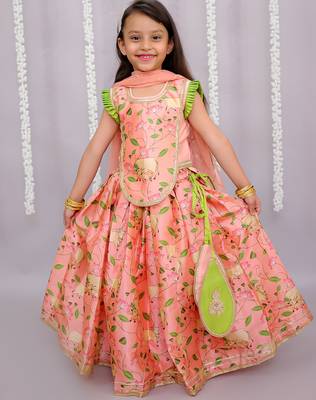 Peach printed cotton silk lehenga set 1