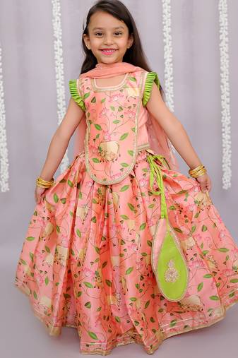 Peach printed cotton silk lehenga set