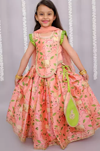 Peach printed cotton silk lehenga set