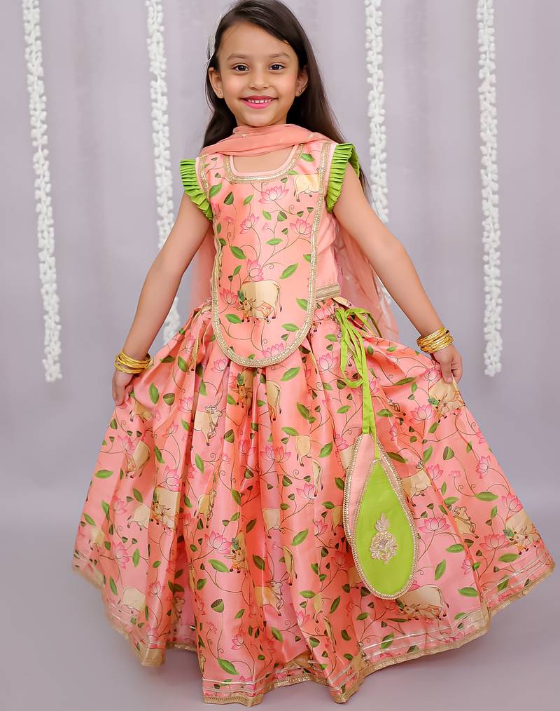 Peach printed cotton silk lehenga set