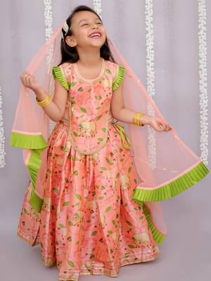 Peach printed cotton silk lehenga set 2