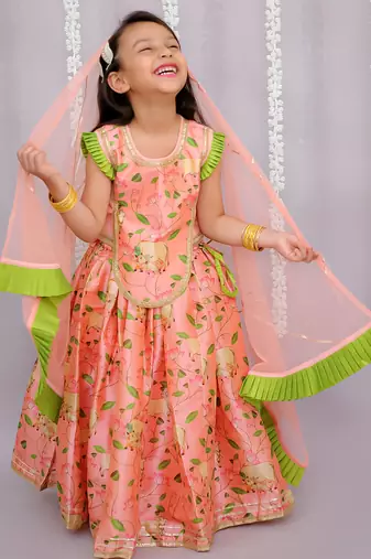 Peach printed cotton silk lehenga set