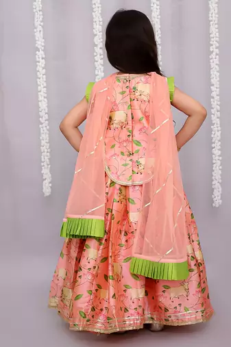 Peach printed cotton silk lehenga set