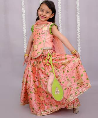 Peach printed cotton silk lehenga set 4