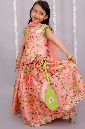 Peach printed cotton silk lehenga set