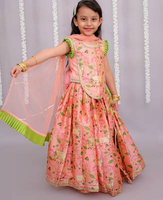 Peach printed cotton silk lehenga set 5