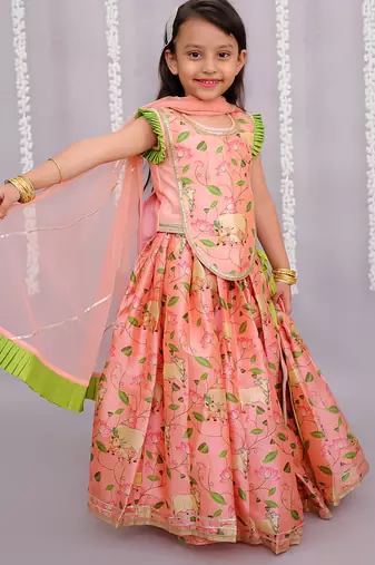Peach printed cotton silk lehenga set