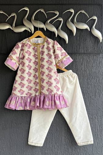 Off white purple printed cotton silk kurti set