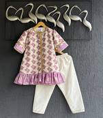 Off white purple printed cotton silk kurti set