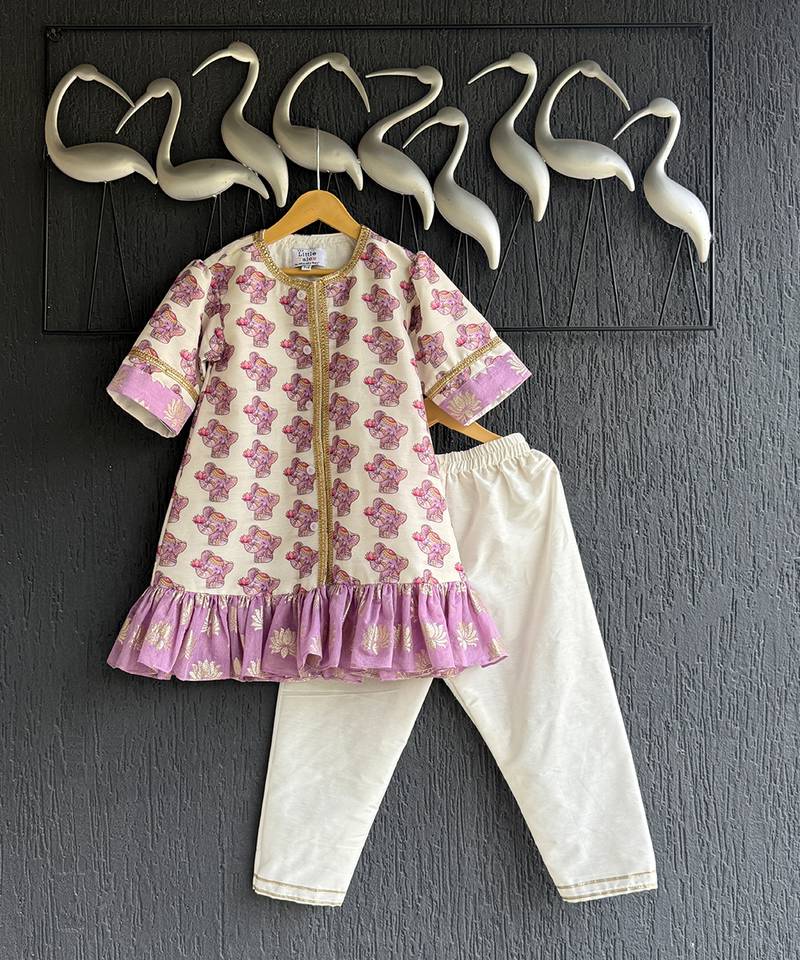 Off white purple printed cotton silk kurti set
