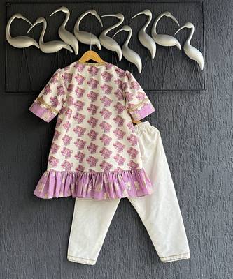 Off white purple printed cotton silk kurti set 4