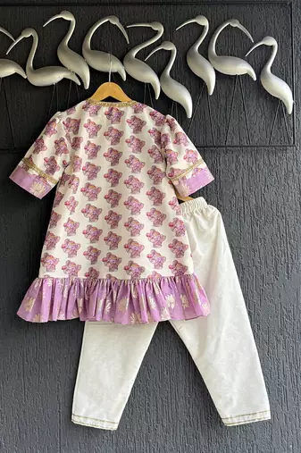 Off white purple printed cotton silk kurti set