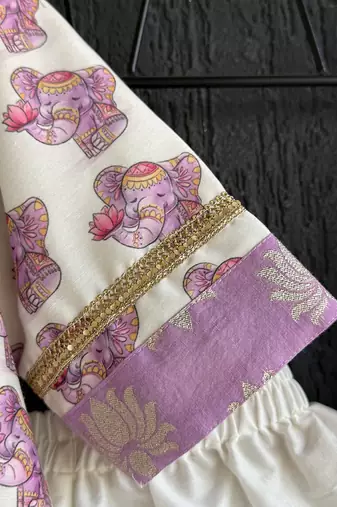 Off white purple printed cotton silk kurti set
