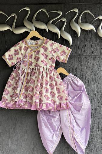 Off white purple printed cotton silk kurti set