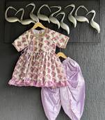 Off white purple printed cotton silk kurti set