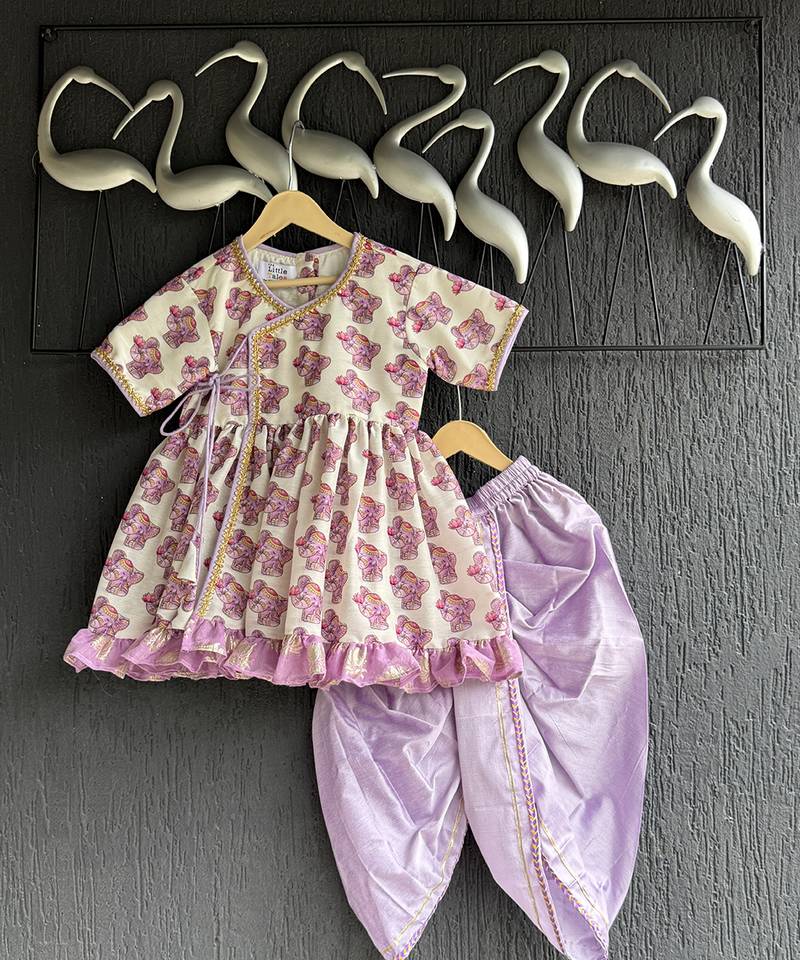Off white purple printed cotton silk kurti set