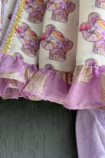 Off white purple printed cotton silk kurti set