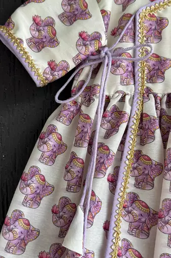 Off white purple printed cotton silk kurti set