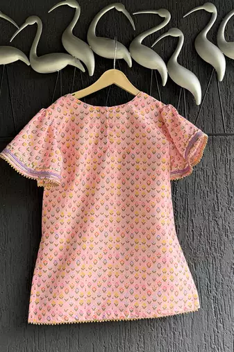 Pastel peach printed cotton silk kurti set