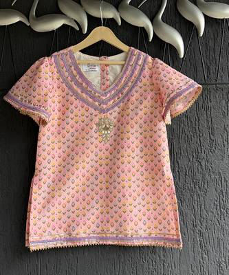 Pastel peach printed cotton silk kurti set 4
