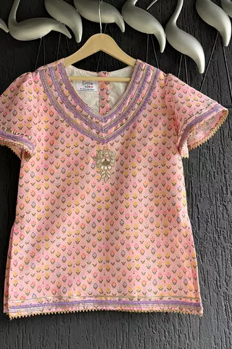 Pastel peach printed cotton silk kurti set