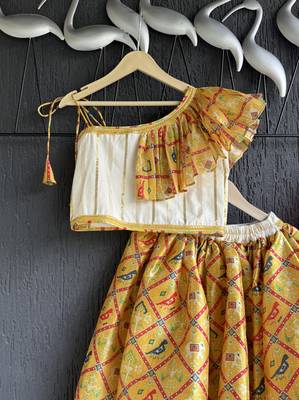 Mustard yellow printed cotton silk lehenga set 2