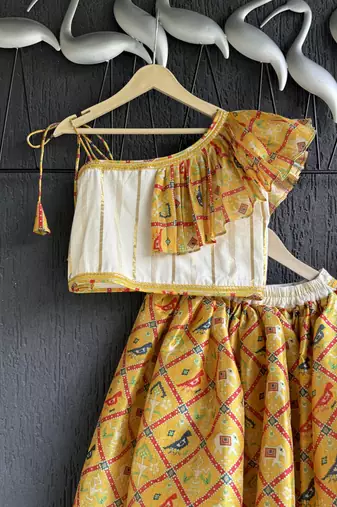 Mustard yellow printed cotton silk lehenga set
