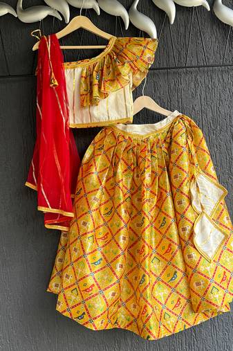 Mustard yellow printed cotton silk lehenga set
