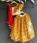 Mustard yellow printed cotton silk lehenga set