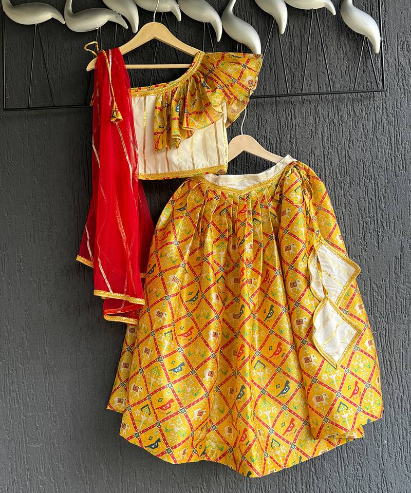 Mustard yellow printed cotton silk lehenga set