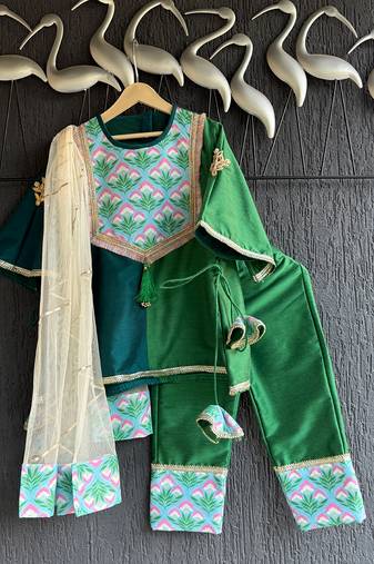 Emerald green teal blue printed cotton silk kurti set