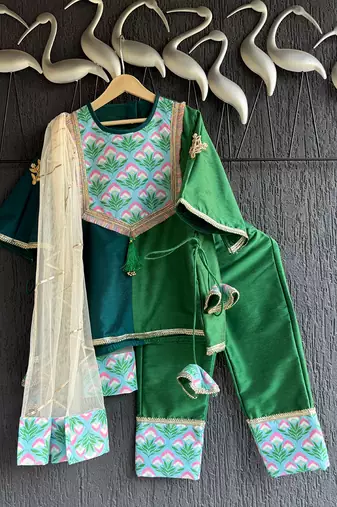 Emerald green teal blue printed cotton silk kurti set