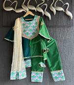 Emerald green teal blue printed cotton silk kurti set