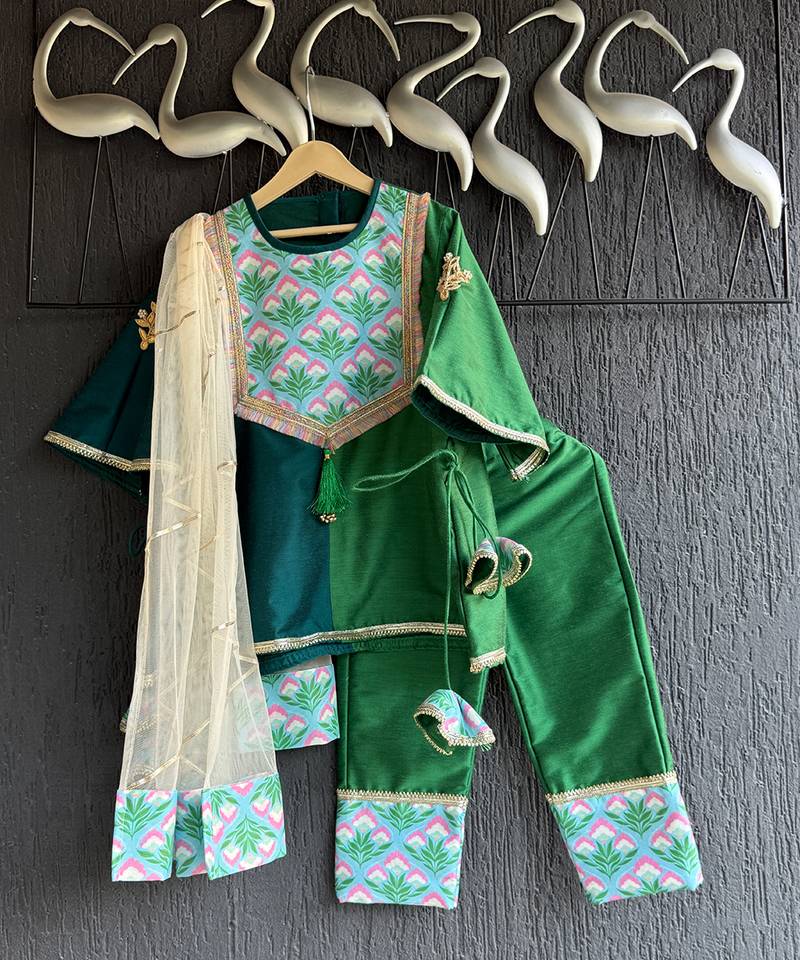 Emerald green teal blue printed cotton silk kurti set