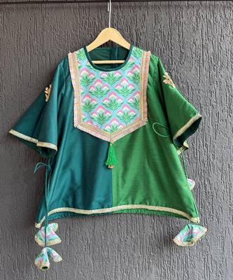 Emerald green teal blue printed cotton silk kurti set 2