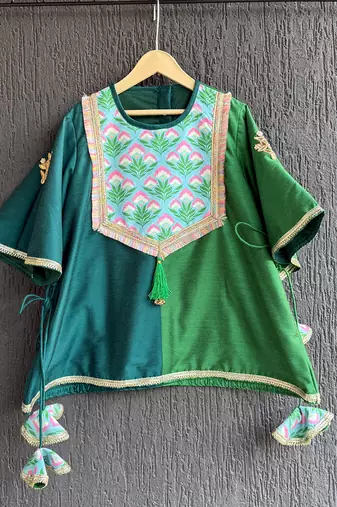 Emerald green teal blue printed cotton silk kurti set