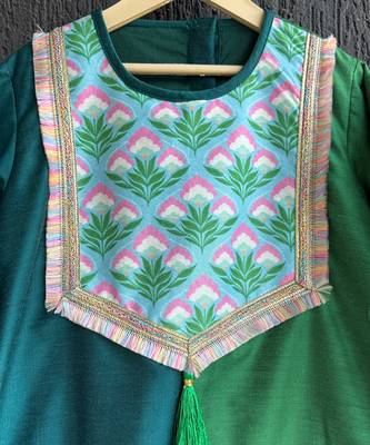 Emerald green teal blue printed cotton silk kurti set 3