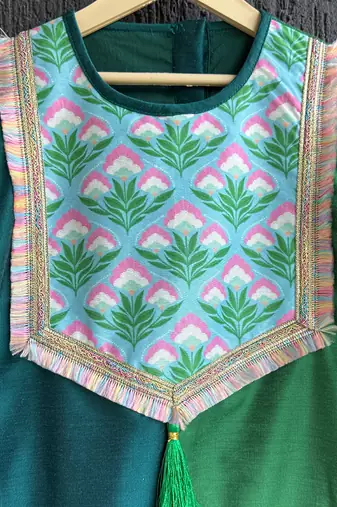 Emerald green teal blue printed cotton silk kurti set