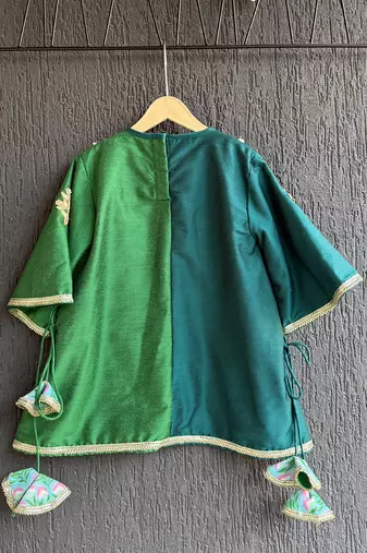 Emerald green teal blue printed cotton silk kurti set