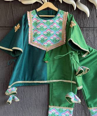 Emerald green teal blue printed cotton silk kurti set 5