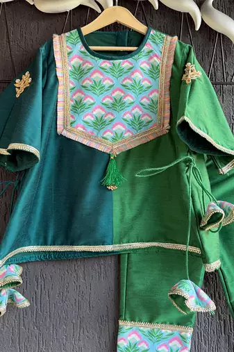 Emerald green teal blue printed cotton silk kurti set