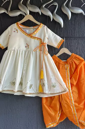 Off white printed cotton silk orange dhoti kurta set