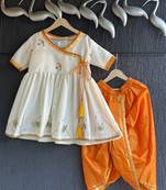 Off white printed cotton silk orange dhoti kurta set