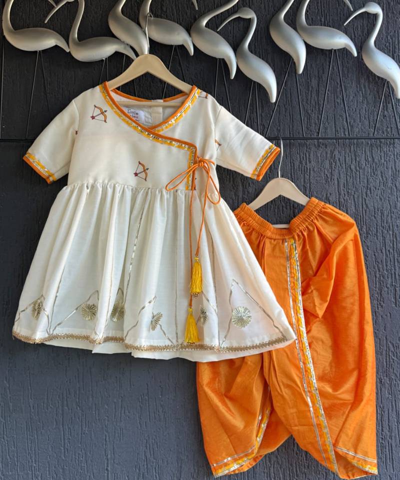 Off white printed cotton silk orange dhoti kurta set