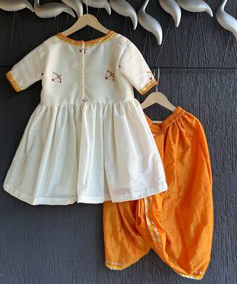 Off white printed cotton silk orange dhoti kurta set 3