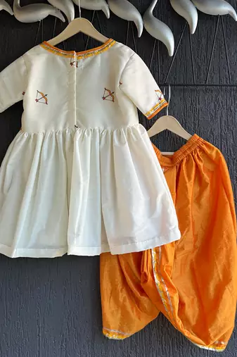 Off white printed cotton silk orange dhoti kurta set